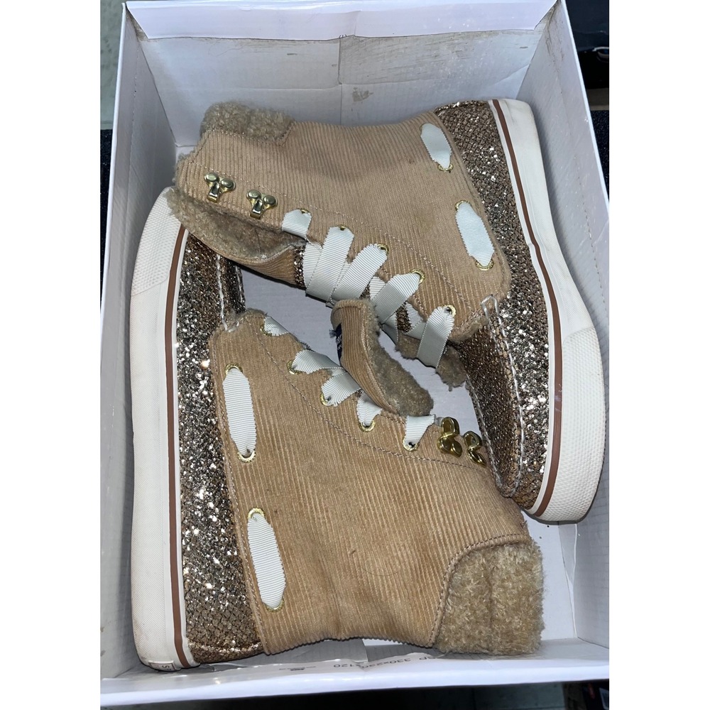 Sperry Top-Sider Acklins Gold Glitter Corduroy Faux Fur Boots Tan Womens 7M
